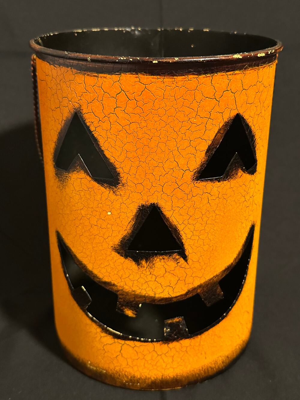 Halloween Jack O Lantern Metal Bucket Lantern Orange Crackle Pumpkin 8" Decor